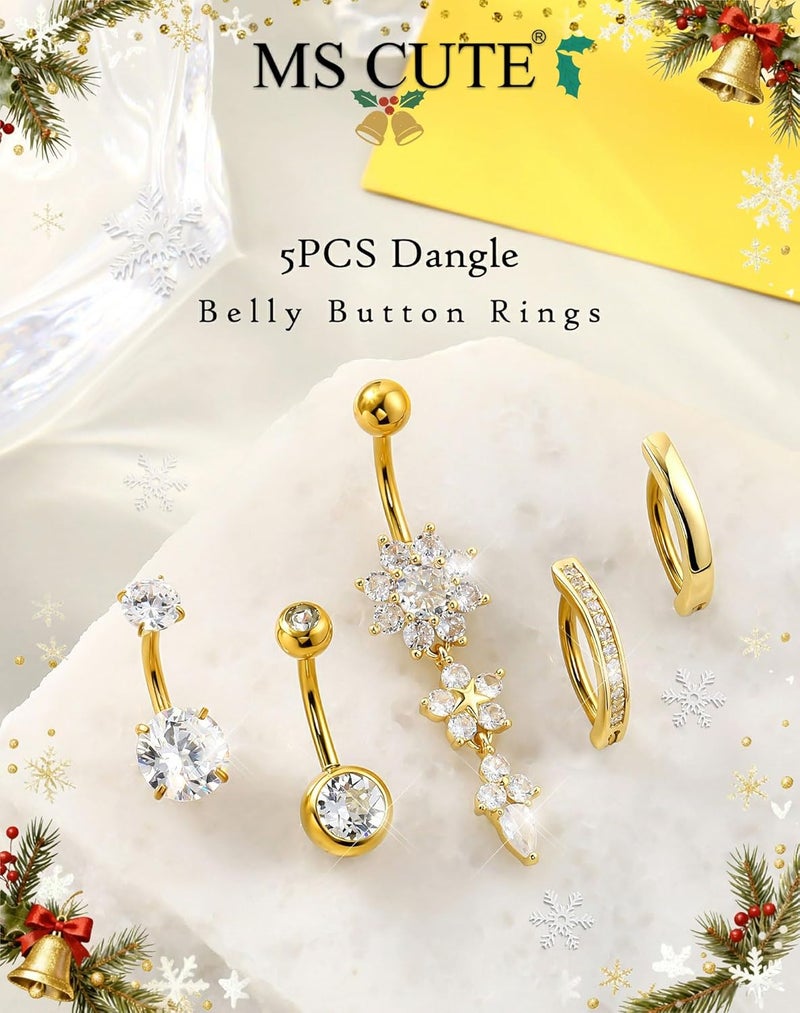 MS CUTE 5PCS Belly Button Rings for Women 14G Dangle Navel Piercing Jewelry Set Surgical Stainless Steel Body Jewelry with CZ Butterfly Flower Teardrop Barbell for Beach Festival Daily - Image 2